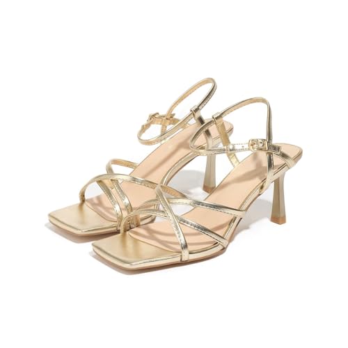 Gold Heels for Women，Square Toe Open Toe Ankle Strap Stiletto Heel Sandals Comfortable Strappy Kitten Party Weddings Heels Shoes2