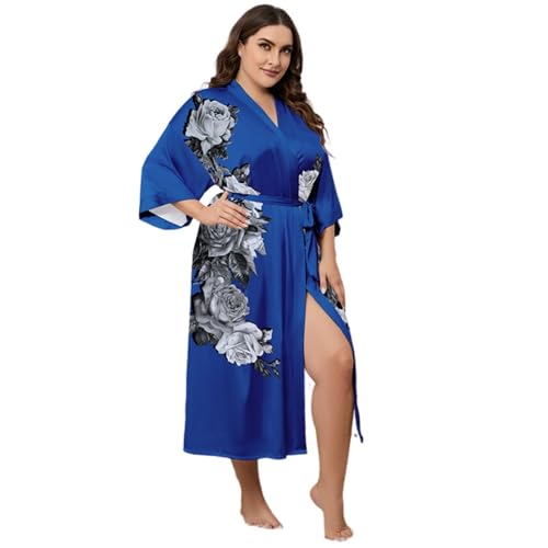 Surwin Albornoz de Satén Mujer Largo, Albornoz de Casa Microfibra Verano con Cinturón Ajustable, Talla Grande, Ropa de Baño y Descanso para Adultos (P2669 Rosas Grises,Talla única)