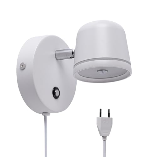 Aisilan Wandleuchte mit Stecker und Touch-Schalter Weiß – dimmbare LED Wandlampe 5W mit 3 Lichtfarben, stufenlos 5–100%, drehbar 330°/90° für Schlafzimmer & Wohnzimmer