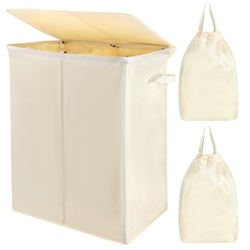 Voova 154L Double Laundry Hamper with Lid and 2 Removable Bags, Beige - image 1