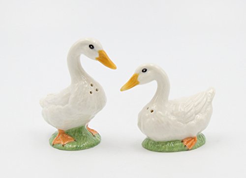 Fine Porcelain White Goose Duck Couple Salt & Pepper Shakers Set, 3-3/8" H