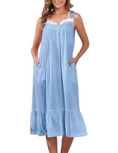 Image of Viakeo Cotton Nightgowns for Women Long House Dress Soft Sleepshirts With Pockets S-3XL
