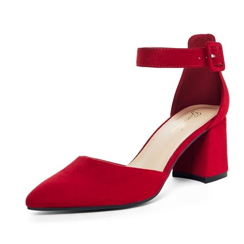 GENSHUO Zapatos de Mujer con Punta Cerrada, Tacón Bajo en Bloque de 6 cm, Correa al Tobillo, Cómodos para Trabajo y Fiestas, Ante Rojo, 38.5 EU