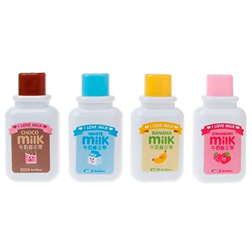 4PCS Milk Bottle Style Correction Tape,Cute Kawaii Stationery Tear Resistant White Tapes for School Office Supplies(Random Color)