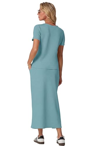 Image of GRECERELLE Women Summer Casual 2 Piece Sets V-Neck Wrinkle-Free Top & Elastic Waist Midi Side Slit Skirt with Pockets