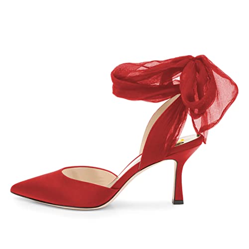 FSJ Women Graceful Suede Pointed Toe Stiletto High Heel Pumps Ribbon Lace Up Ankle Strap Party Evening Dress Sandal Shoes Size 4-15 US2