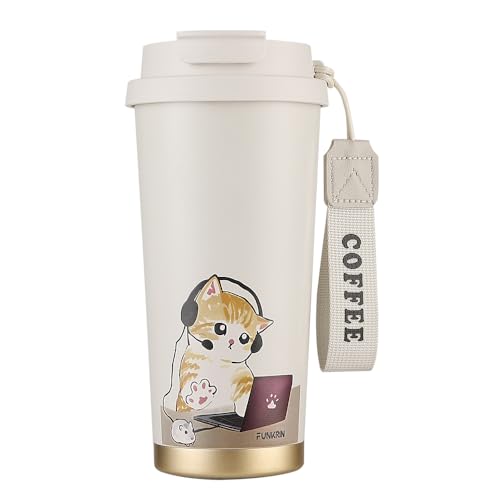 Funkrin Coffee Travel Mug with Straw & Flip Lid, 16oz Insulated Tumbler Cup with Ceramic Coating, Double Wall Vacuum Leak-Proof Thermos Mug for Office School Party Camping