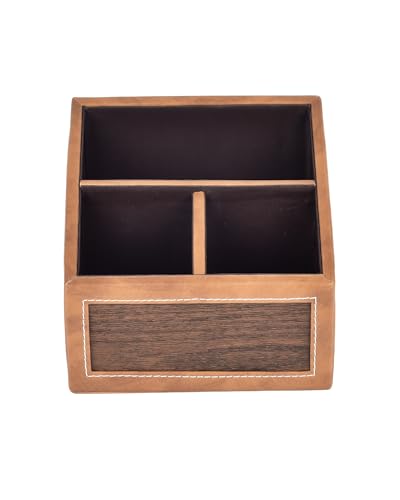 Image of Premsons Remote Holder - 3 Section Tabletop Organizer in Light Brown | Faux Leather with Refined Wooden Finish | Decorative & Practical Organizer - Tan