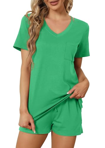 Image of RUBZOOF Women's Short Sleeve Pajama Sets with Pockets Casual V Neck 2 Piece Lounge Sets S-3XL