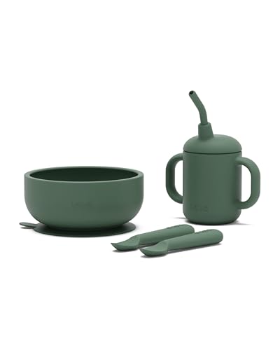Image of Lalo First Bites Silicone Baby Feeding Set - Baby Led Weaning Supplies - Non-Toxic Silicone - Includes 2 Spoons, Training Cup, & Suction Bowl - 4 Pieces - Olive