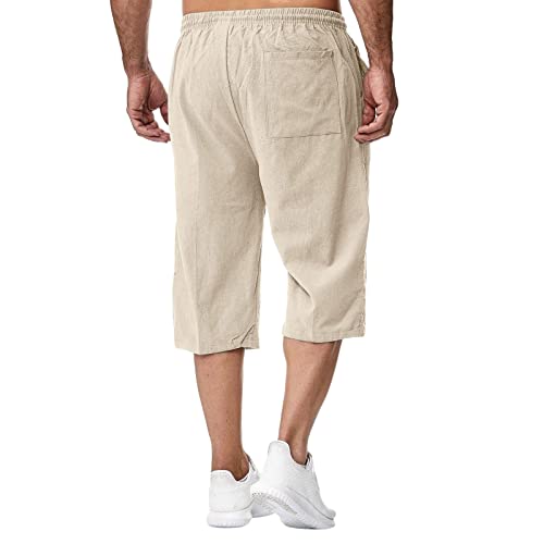 Mens 3/4 Linen Capri Pants Elastic Waist Casual Loose Baggy Harem Pants Summer Beach Yoga Shorts Cropped Pants Trousers(Khaki,Large) #TOP2