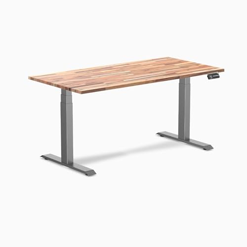 Image of Desky Electric Standing Desk, 60 x 30 inch Softwood Height Adjustable Sit Stand Desk, Dual Motor, Memory Presets, Ergonomic Workstation for Home Office - Acacia Wood Top