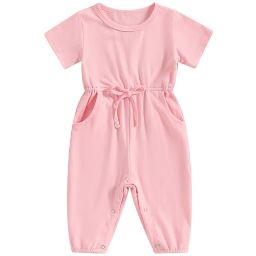 Mubineo Toddler Baby Girl Boy Summer Fall Clothes Basic Plain Romper Jumpsuit Short Sleeve Rompers Cute Newborn Outfits (Pink, 3-6 Months)