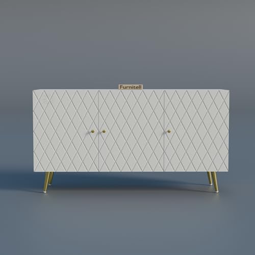 Image of Wooden Sideboard Cabinet for Living Room & Bedroom | Geometric Design Side Board Crockery Cabinet with 3 Doors Storage for Home | HDMR Premium Wood | Golden Metal Legs (White)