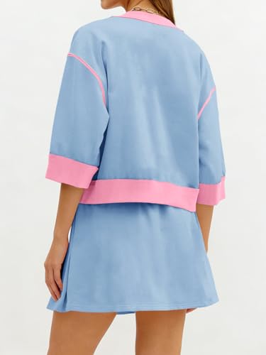 Image of Tankaneo Womens 2 Piece Skirt Sets 3 /4 Sleeve Sweatshirt Lounge Sets | Skort Sets, Color Block, Summer Casual, Matching Sets, Trendy Outfits