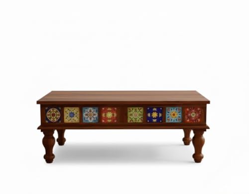 Image of Sheesham Wood Rectangle Center Coffee Table for Living Room | Wooden Centre Table for Drawing Room, Office & Home | Solid Wooden Coffee Table for Living Room | Multicolor Tiles Design (Honey)