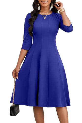 Image of CLOCOR Casual Midi Dresses for Women A-Line Fit and Flare Elegant Church 3 /4 Sleeve Crew Neck Dress with Pocket