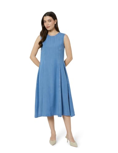 Image of Amazon Brand - Symbol Women's Cotton Tencel Denim A-Line Dress | Sleeveless, Round Neck, Midi Length, Back Zip (Available in Plus Sizes)