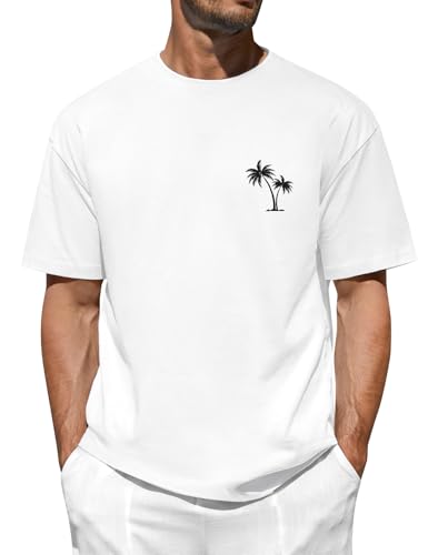 TOMEEK Men's T-Shirts Summer Oversized 100% Cotton Mens T Shirt Casual Crew Neck Short Sleeve Fashion Palm Print Basic Tee Tops(White,XL)
