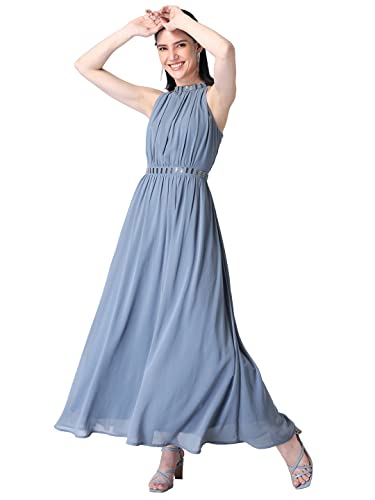Image of FabAlley Department377 Blue Halter Neck Embellished Maxi Dress