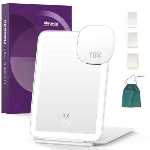 Mocado Rechargeable Travel Makeup Mirror with 72 LED Lights 1X/10X Magnifying Makeup Mirror with 3 Colors Lights Tabletop Folding Mirrors for Travel Touch Screen Cosmetic - White