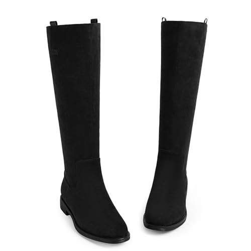 Image of Modatope Knee High Boots Women Rounded Toe Flat Retro Bais Opening Low Chunky Heel Riding Boots