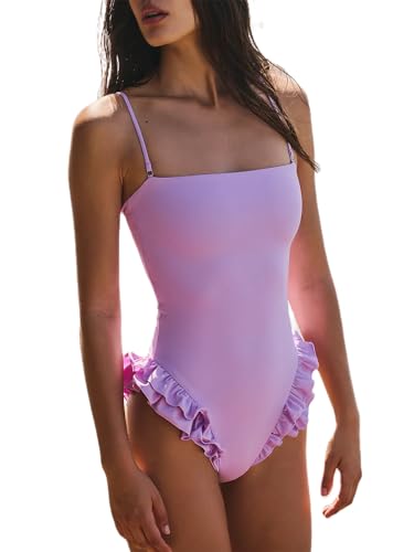 Alyweatry Women Ruffled One Piece Swimsuit Y2k Spaghetti Strap Square Neck Tummy Control Cute Monokini Swimsuit