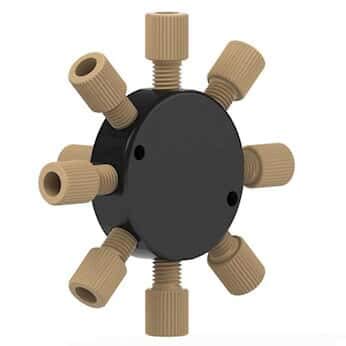 Low-Pressure Manifold Assembly, Natural PEEK, 9 Port, 0.062 Bore, 1/8 OD Tubing, 1/4-28 Flat Bottom; 1/EA