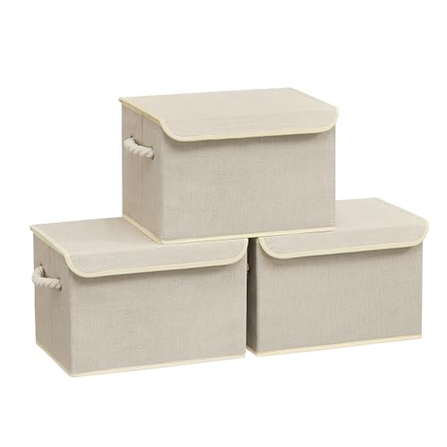 SONGMICS Boîte de Rangement avec Couvercle, Lot de 3, Pliable, Panier en Tissu, Bac de Rangement, avec Poignées, pour Chambre, Salon, Dressing, 38 x 25 x 25...