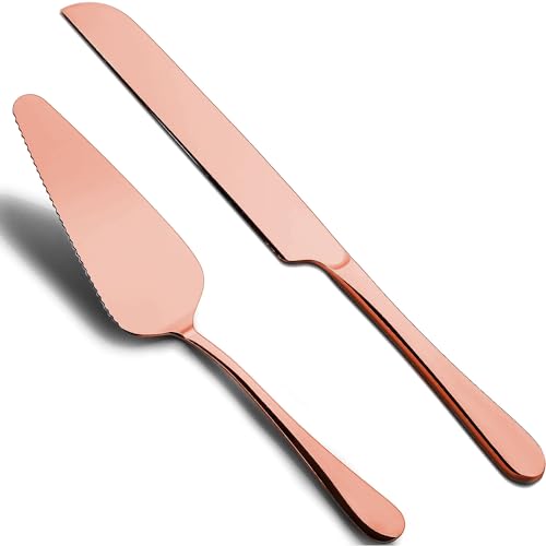 Rose Gold 2-Piece Stainless Steel Wedding Cake Knife Server Set for Cutting Cake, Pie, Pastry and Dessert | Cake Cutter and Pastry Server Set