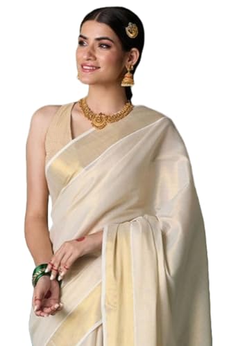 DhevStylish Women's Kerala Kasavu Golden Tissue Plain Saree with Running Blouse [ NOTE : Product color is Golden beige but in the image it shown as white or off white due to light effect ]