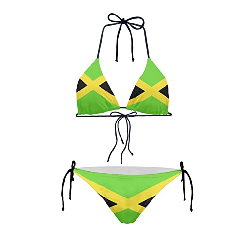 Conjunto de bikini de 2 piezas para mujer, con tirantes triangulares, acolchado, bandera nacional, flor, concha de fruta, Bandera de Jamaica, L