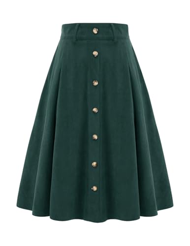 Rock Damen Herbst midilang Cordrock A-Linie Vintage Rock Tellerrock Basic Casual Hohe Taille Winterrock Freizeitrock mit Taschen Dark Green M