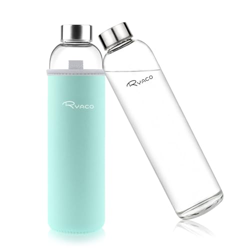 Ryaco Botella de Vidrio 750 ml/25oz, Botella de Vidrio de Borosilicato con Cubierta Protectora para Bebidas Frías y Calientes, sin BPA,con Cepillo de Esponja