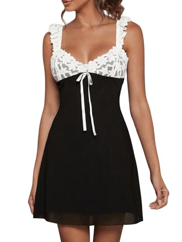 MakeMeChic Women's Floral Lace Color Block Mini Dress Bow Knot A Line Short Dresses