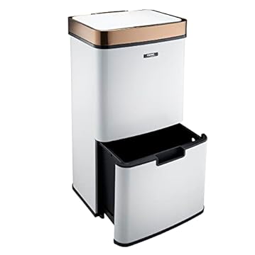 Cooks Professional Recycling Sensor Bin 75L with Dual Compartments and Removable Food Caddy for Kitchen | Smart Automatic Brushed Stainless Steel Bins | White & Copper