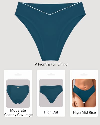 Image of Zmart Women V Cut Cheeky Bikini Bottoms - Mid Waist High Cut Swim Bathing Suit Bottoms V Front Swimsuit