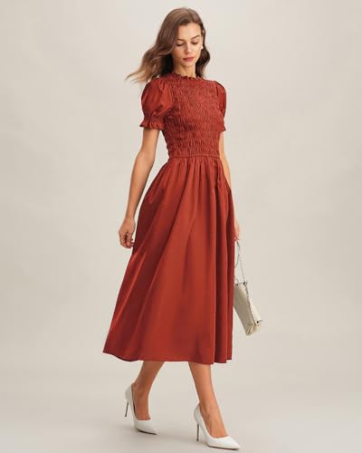Image of RIHOAS Plaid Gingham Midi Dress Short Sleeve Smocked Dresses for Women | Cotton,Ruffle Puff Sleeves,Vintage Brown,Spring Summer Casual Daily,Picnic,Travel,Vacation,Christmas Festive Occasions