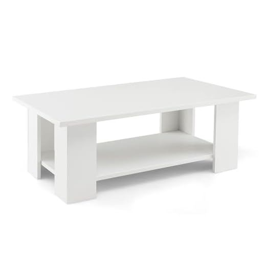 COSTWAY 2-Tier Coffee Table, Wooden Cocktail Tea Center Table with Storage Shelf and 5 Support Legs, Modern Rectangle Accent End Sofa Side Tables for Living Room Bedroom Office (White, 90x52x40cm)