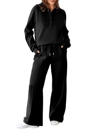 Aleumdr Women's 2 Piece Outfits Sweatsuit Oversized Sweatshirt Wide Leg Sweatpants Matching Lounge Set 2024 Black Large