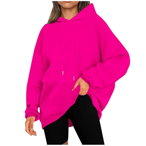 KOG Hoodie Damen Baumwolle Hoodies Einfarbige Kapuzenpullover Warmes Frauen Bekleidung Elegante Oberteil Fashion Frau Elegant Große Größen Oberteile Knalliges Pink XXL