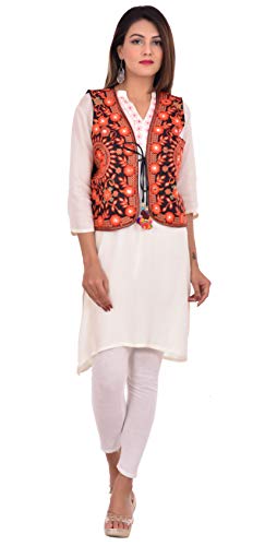 Image of Craft Trade Women's Cotton Embroidered Kutchi Jacket with Tassels Sleeveless Mirror Work