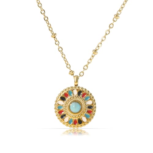 Made by Nami - Collar de mujer dorado con colgante de mandala y piedras preciosas en colores vivos o verdes de acero quirúrgico 40 + 5 cm, joyería boho para mujer, resistente al agua y hipoalergénica