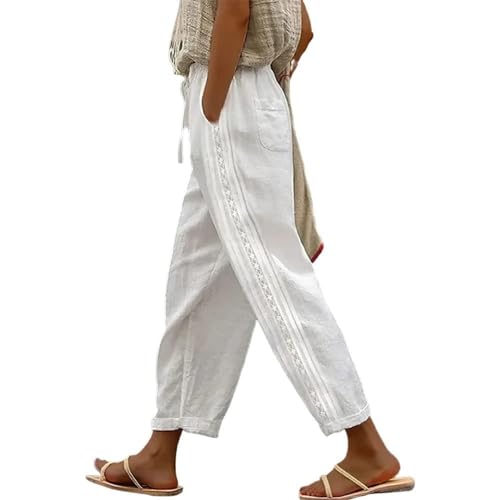 Linen Pants for Women Summer Casual Cotton Linen Beach White Gauze High Waist Elastic Wide Leg Pants