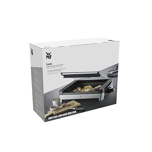 Foto von WMF Lono Tischgrill elektrisch mit Glasdeckel, beschichtete Grillplatte, herausnehmbare Auffangschale, spülmaschinenfest, Edelstahl matt, 2200 Watt