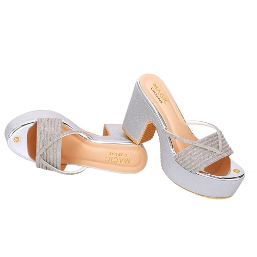 Image of Women's Stylish Platform Block Heel Sandals with Glitter Finish, Cross Strap Design, Cushioned Insole & Slip-On Comfort - Perfect for Weddings, Receptions, Festive & Evening
