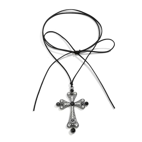 Overdreven Goth Rhinestone Big Cross Jezus hanger Choker ketting vrouwen verstelbare Bowknot touw ketting Grunge sieraden Steampunk