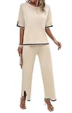 Womens 2 Piece Outfits Summer Sweater Sets Short Sleeve Knit Pullover Tops Wide Leg Pants Lounge Sets Tracksuits (Apricot, M)