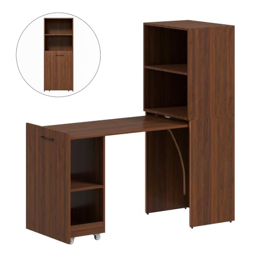 Image of Zevemomo Folding Desk, Convertible Table with Shelves & Wheels - Walnut | Folding Desk with Storage, Craft Cabinet with Fold Out Table, Compact Computer Desk for Small Space, Reversible L Shaped Desk