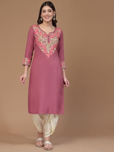 Image of QAZMI Women's Noura Kashmiri Aari Embroidered Viscose Rayon 3 /4 Cuff Sleeves A-Line Kurta